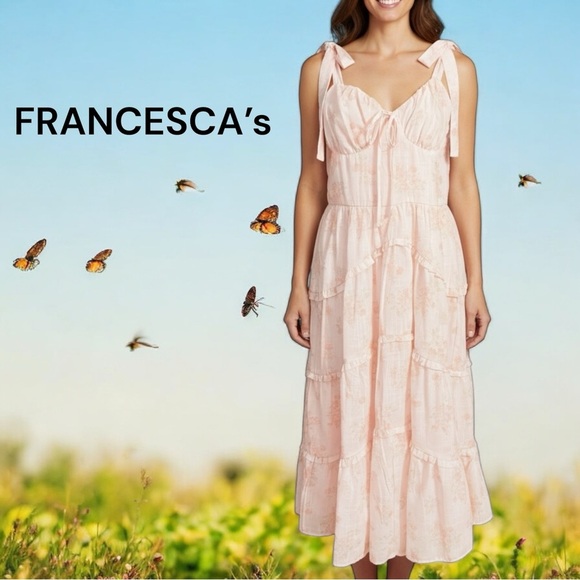 Francesca’s Romantic Pink Floral Tiered Midi Dress Tie Shoulder Bows Size M - Picture 4 of 13